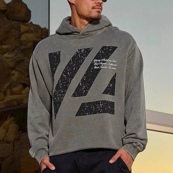 YoungLA 568 Icon Washed Hoodie Grey Size Large Distressed Logo Raw Hem - Picture 2 of 9